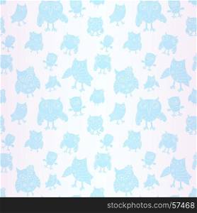 Amusing light blue ornate owl seamless vector pattern