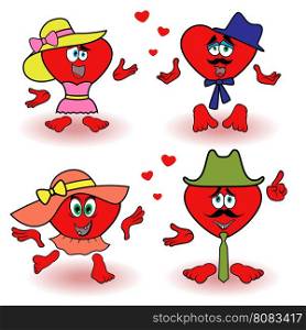 Amusing loving red hearts two pairs, Valentine cartoon vector illustrations isolated over white background