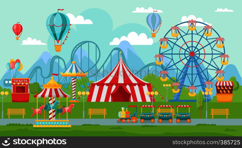 Amusing park festival. Amusement attractions landscape, kids carousel ...