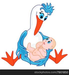 Amusing stork sitting and holding a newborn baby, hand drawing cartoon vector illustration