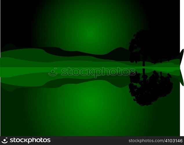 An abstract scene of a field at night with some silhouette trees