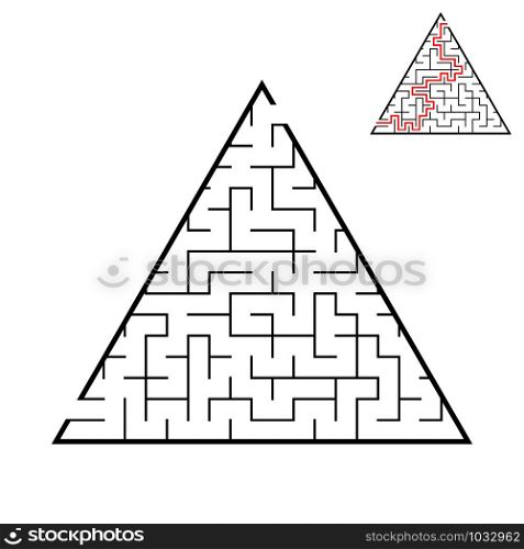 An abstract triangular labyrinth with an entrance and an exit. An interesting and useful game for children. Simple flat vector illustration isolated on white background. With the answer. An abstract triangular labyrinth with an entrance and an exit. An interesting and useful game for children. Simple flat vector illustration isolated on white background. With the answer.