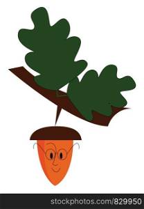 An acorn hanging from a brown branch with two green leaves has two eyes a nose a mouth and is wearing glasses vector color drawing or illustration