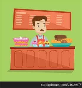 An adult bakery worker offering different pastry. A bakery worker standing behind the counter with cakes at the bakery. Man working at sweet-shop. Vector flat design illustration. Square layout.. Worker standing behind the counter at the bakery.