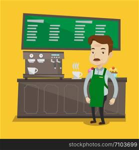 An adult barista sanding in front of coffee machine. Barista at coffee shop. Barista making a cup of coffee. Vector flat design illustration. Square layout.. Barista standing near coffee machine.