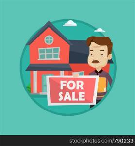 An adult broker offering the house. Male broker with placard for sale and documents in hands standing on the background of house. Vector flat design illustration in the circle isolated on background.. Real estate agent offering house.