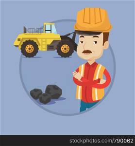 An adult caucasian miner in hard hat standing on the background of excavator. Confident miner with crossed arms standing near coal. Vector flat design illustration in the circle isolated on background. Miner with a big excavator on background.