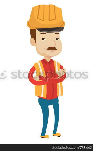An adult caucasian miner in hard hat standing with crossed arms. Illustration of full length of caucasian miner. Vector flat design illustration isolated on white background.. Adult confident miner vector illustration.