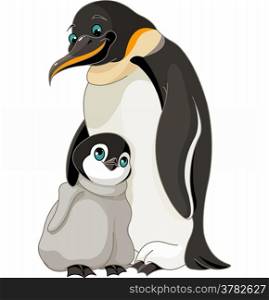 An adult Emperor Penguin with its chick
