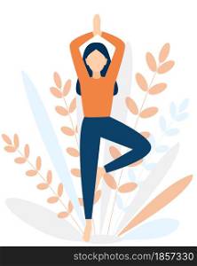 An adult girl is doing yoga outdoors. Osana tree pose. The woman keeps balance on one leg. Healthy lifestyle, relaxation and rest. Flat vector illustration.. An adult girl is doing yoga outdoors.