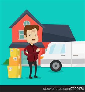 An adult man standing in front of new home. Caucasian homeowner unloading cardboard boxes. Homeowner unpacking removal truck. Man moving to a new house. Vector flat design illustration. Square layout.. Man moving to house vector illustration.
