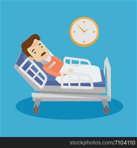 An adult man wearing cervical collar and suffering from neck pain. Patient with injured neck lying in bed. Man with neck brace. Vector flat design illustration. Square layout.. Man with neck injury vector illustration.