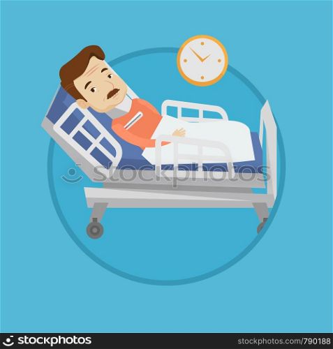 An adult man wearing cervical collar and suffering from neck pain. Patient with injured neck lying in bed. Man with neck brace. Vector flat design illustration in the circle isolated on background.. Man with neck injury vector illustration.