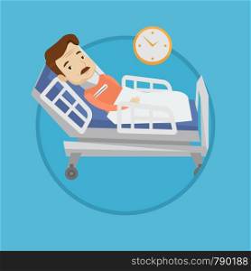 An adult man wearing cervical collar and suffering from neck pain. Patient with injured neck lying in bed. Man with neck brace. Vector flat design illustration in the circle isolated on background.. Man with neck injury vector illustration.