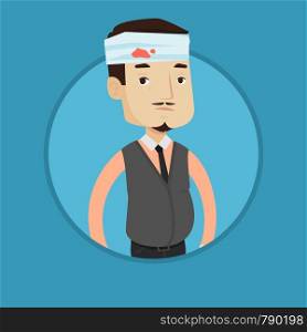 An adult man with bandages over his head. Sad injured man with a bandaged head. Caucasian man with wound in head. Vector flat design illustration in the circle isolated on background.. Man with injured head vector illustration.