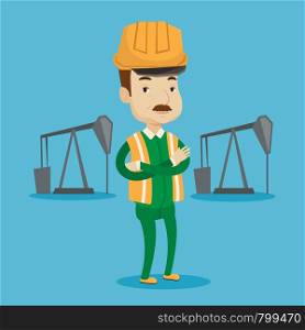 An adult oil worker in uniform and helmet. Cnfident oil worker standing with crossed arms. An oil worker standing on a background of pump jack. Vector flat design illustration. Square layout.. Cnfident oil worker vector illustration.