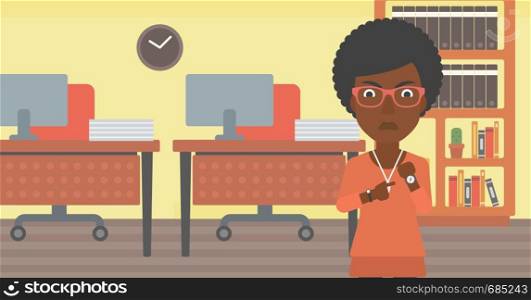 An african-american angry business woman standing in the office and pointing at her wrist watch. Vector flat design illustration. Horizontal layout.. Angry business woman pointing at wrist watch.