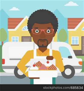 An african-american baker holding a box of cakes. Baker delivering cakes. A baker with cupcakes standing on the background of delivery truck. Vector flat design illustration. Square layout.. Baker delivering cakes vector illustration.