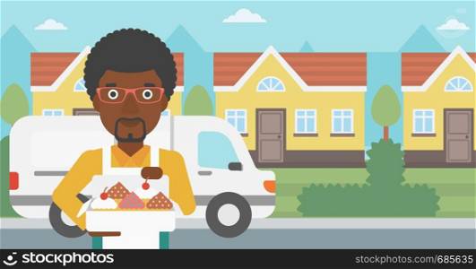An african-american baker holding a box of cakes. Baker delivering cakes. A baker with cupcakes standing on the background of delivery truck. Vector flat design illustration. Horizontal layout.. Baker delivering cakes vector illustration.