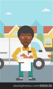 An african-american baker holding a box of cakes. Baker delivering cakes. A baker with cupcakes standing on the background of delivery truck. Vector flat design illustration. Vertical layout.. Baker delivering cakes vector illustration.