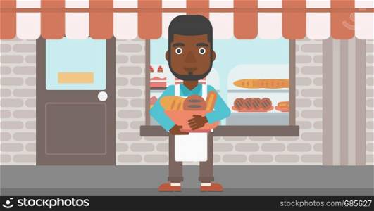An african-american baker holding basket with bakery products. Baker standing in front of bakery. Baker with bowl full of bread. Vector flat design illustration. Horizontal layout.. Baker holding basket with bakery products.