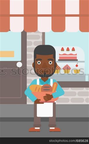 An african-american baker holding basket with bakery products. Baker standing in front of bakery. Baker with bowl full of bread. Vector flat design illustration. Vertical layout.. Baker holding basket with bakery products.