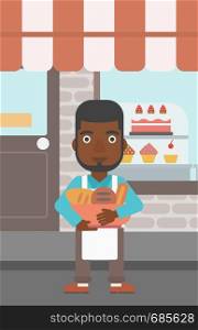An african-american baker holding basket with bakery products. Baker standing in front of bakery. Baker with bowl full of bread. Vector flat design illustration. Vertical layout.. Baker holding basket with bakery products.