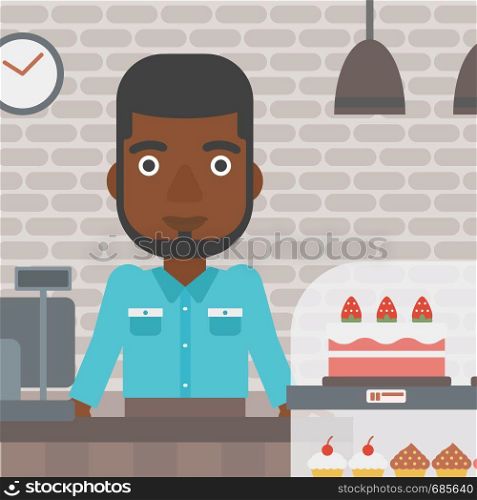 An african-american bakery worker offering different pastry. A bakery worker standing behind the counter with cakes at the bakery. Vector flat design illustration. Square layout.. Worker standing behind the counter at the bakery.
