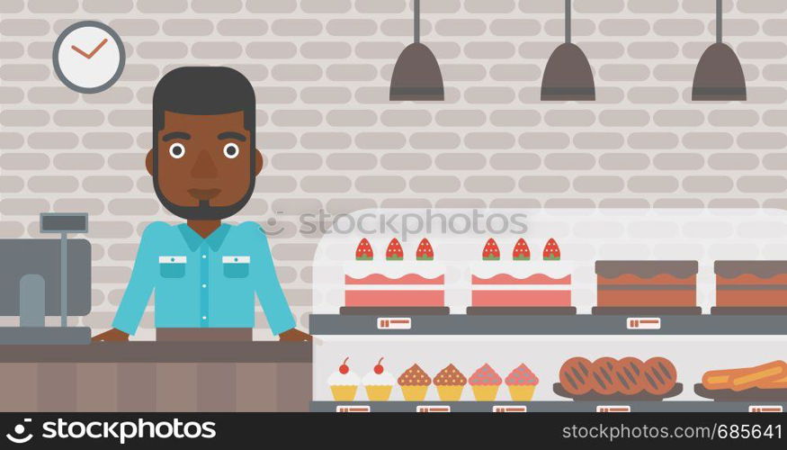 An african-american bakery worker offering different pastry. A bakery worker standing behind the counter with cakes at the bakery. Vector flat design illustration. Horizontal layout.. Worker standing behind the counter at the bakery.
