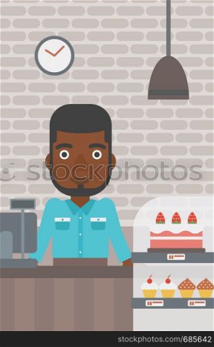 An african-american bakery worker offering different pastry. A bakery worker standing behind the counter with cakes at the bakery. Vector flat design illustration. Vertical layout.. Worker standing behind the counter at the bakery.
