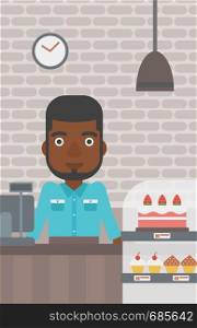 An african-american bakery worker offering different pastry. A bakery worker standing behind the counter with cakes at the bakery. Vector flat design illustration. Vertical layout.. Worker standing behind the counter at the bakery.