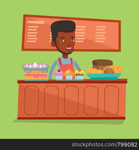 An african-american bakery worker offering pastry. Young smiling bakery worker standing behind the counter with cakes. Man working at the bakery. Vector flat design illustration. Square layout.. Worker standing behind the counter at the bakery.