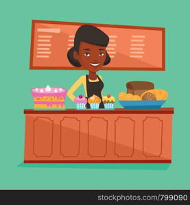 An african-american bakery worker offering pastry. Young smiling bakery worker standing behind the counter with cakes. Woman working at the bakery. Vector flat design illustration. Square layout.. Worker standing behind the counter at the bakery.