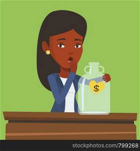 An african-american bankrupt businesswoman looking at empty money box. Desperate bankrupt sitting at the table with empty money box. Bankruptcy concept. Vector flat design illustration. Square layout.. Bankrupt business woman looking at empty money box