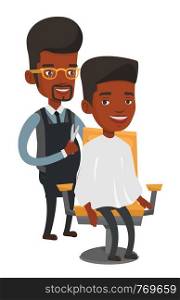 An african-american barber cutting hair of man at barbershop. Professional barber making haircut to a client with scissors in barbershop. Vector flat design illustration isolated on white background.. Barber making haircut to young man.