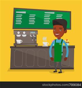 An african-american barista sanding in front of coffee machine. Young friendly barista sanding at coffee shop. Happy barista making a cup of coffee. Vector flat design illustration. Square layout.. Barista standing near coffee machine.