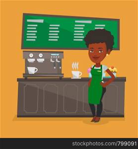 An african-american barista sanding in front of coffee machine. Young friendly barista sanding at coffee shop. Happy barista making a cup of coffee. Vector flat design illustration. Square layout.. Barista standing near coffee machine.