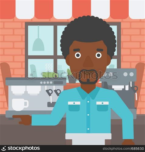 An african-american barista sanding in front of coffee machine. Barista at coffee shop. Barista making a cup of coffee. Vector flat design illustration. Square layout.. Barista standing near coffee machine.