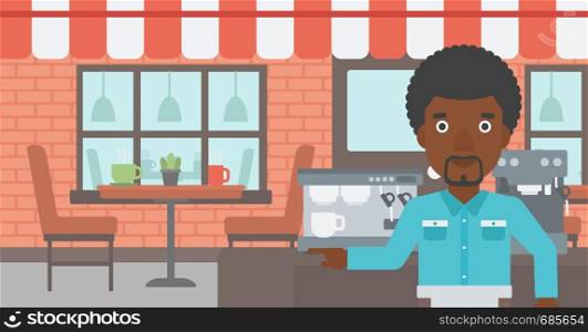 An african-american barista sanding in front of coffee machine. Barista at coffee shop. Barista making a cup of coffee. Vector flat design illustration. Horizontal layout.. Barista standing near coffee machine.