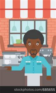 An african-american barista sanding in front of coffee machine. Barista at coffee shop. Barista making a cup of coffee. Vector flat design illustration. Vertical layout.. Barista standing near coffee machine.