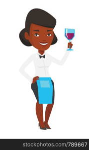 An african-american bartender holding a glass of wine in hand. Bartender looking at glass of red wine. Bartender examining wine in glass. Vector flat design illustration isolated on white background.. Bartender holding a glass of wine in hand.