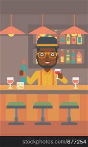 An african-american bartender standing at the bar counter and holding a bottle and a glass in hands vector flat design illustration. Vertical layout.. Bartender standing at the bar counter.