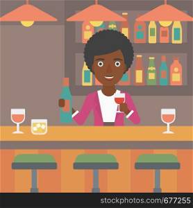 An african-american bartender standing at the bar counter and holding a bottle and a glass in hands vector flat design illustration. Square layout.. Bartender standing at the bar counter.