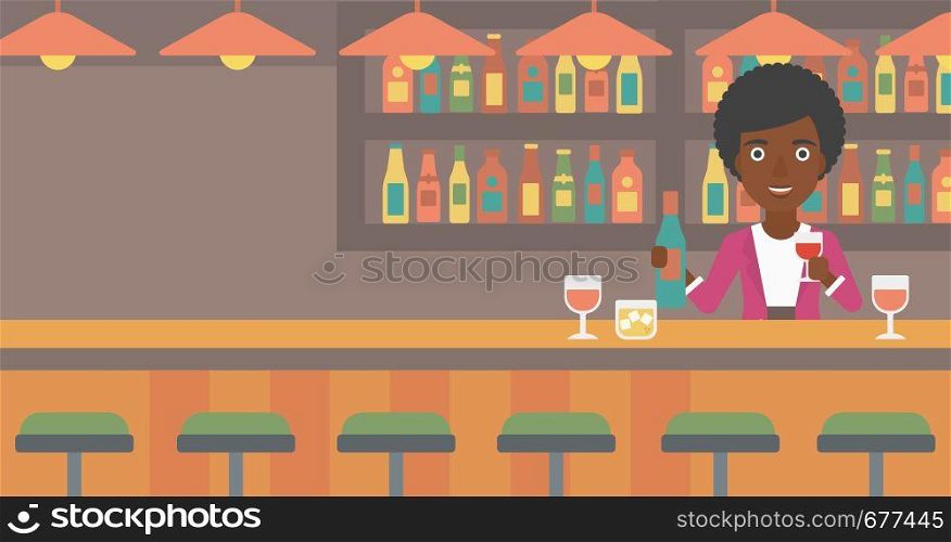 An african-american bartender standing at the bar counter and holding a bottle and a glass in hands vector flat design illustration. Horizontal layout.. Bartender standing at the bar counter.