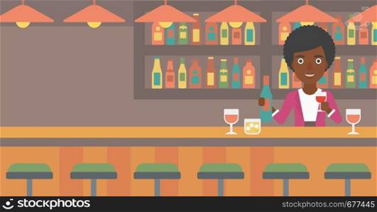 An african-american bartender standing at the bar counter and holding a bottle and a glass in hands vector flat design illustration. Horizontal layout.. Bartender standing at the bar counter.