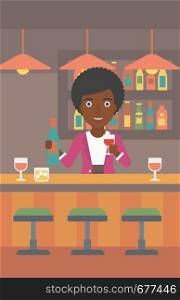 An african-american bartender standing at the bar counter and holding a bottle and a glass in hands vector flat design illustration. Vertical layout.. Bartender standing at the bar counter.