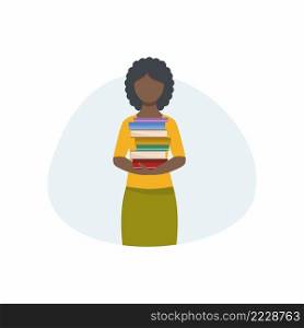 An African-American black woman holds books in her hands. The girl with the books. Vector flat cartoon illustration isolated on a white background. Design element for an app, library, or bookstore.