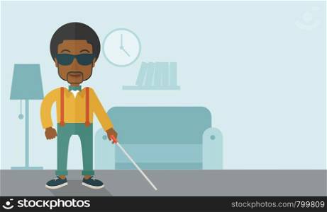 An african-american blind man in dark glasses standing with walking stick inside the house vector flat design illustration. Horizontal layout with a text space for a social media post.. Blind man with stick.