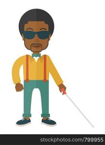 An african-american blind man in dark glasses standing with walking stick vector flat design illustration isolated on white background. Vertical poster layout with a text space.. Blind man with stick.