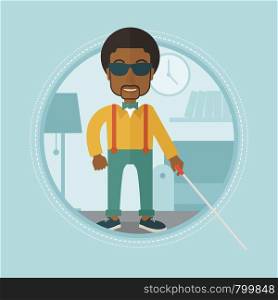 An african-american blind man standing with walking stick. Blind man in dark glasses with cane standing in living room. Vector flat design illustration in the circle isolated on background.. Blind man with stick vector illustration.
